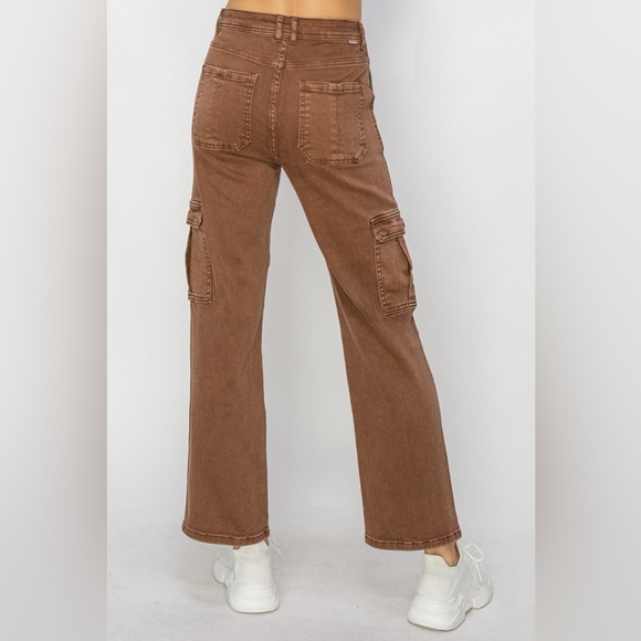 NWT RISEN PLUS + REG Size Espresso Brown High Rise Straight Leg 90s Cargo Jeans - Picture 7 of 10